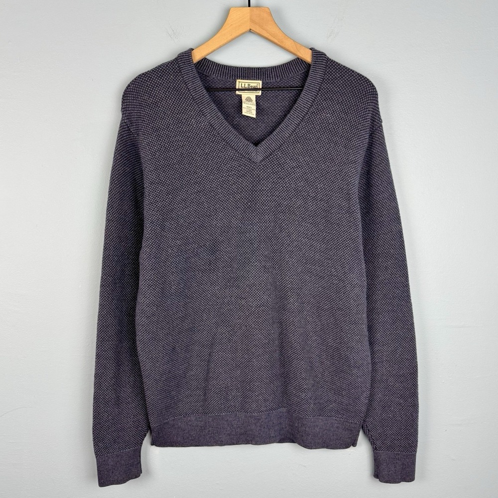 LL Bean Mens Large Blue Merino Wool V-Neck Textured Knit Pullover Sweater Jumper